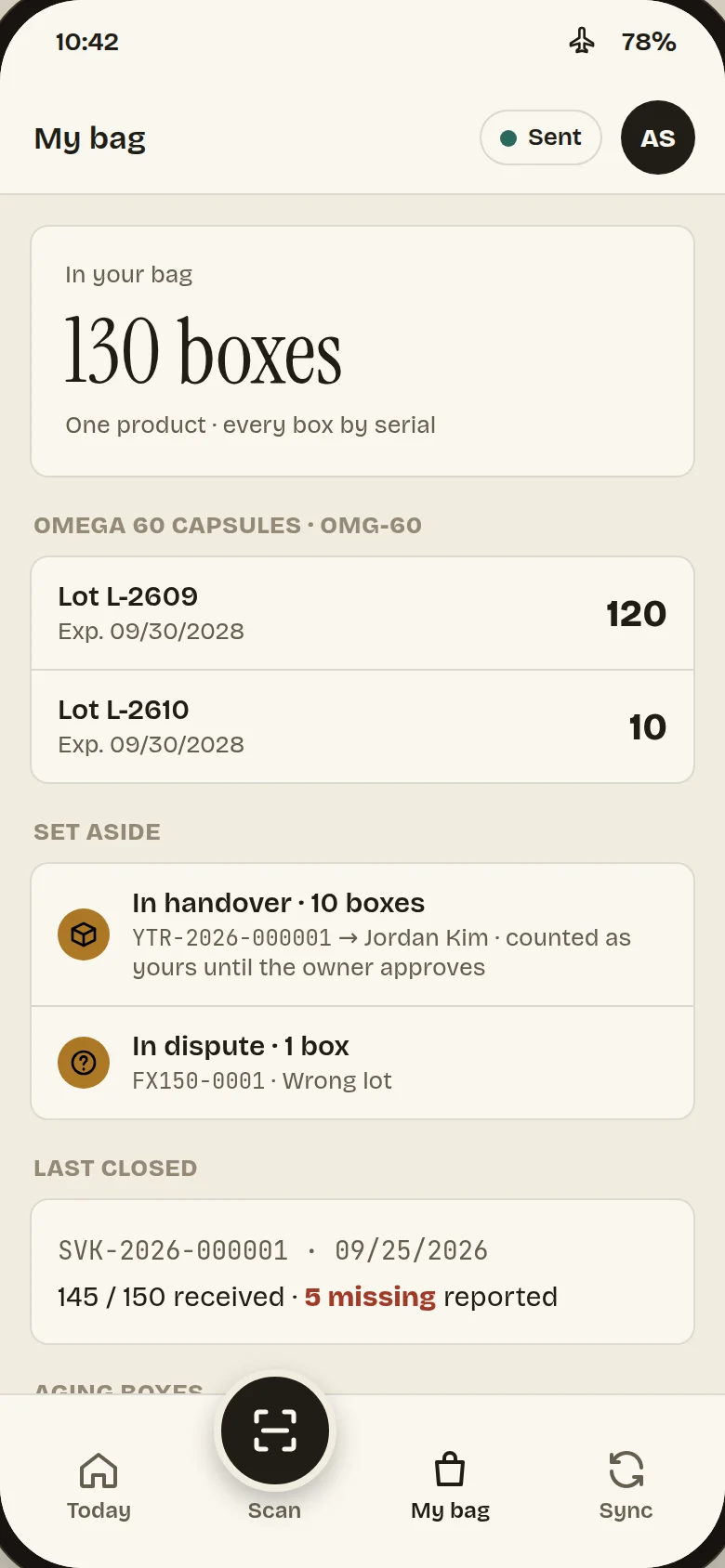 My bag screen: 130 boxes by lot, boxes set aside and the last closed shipment