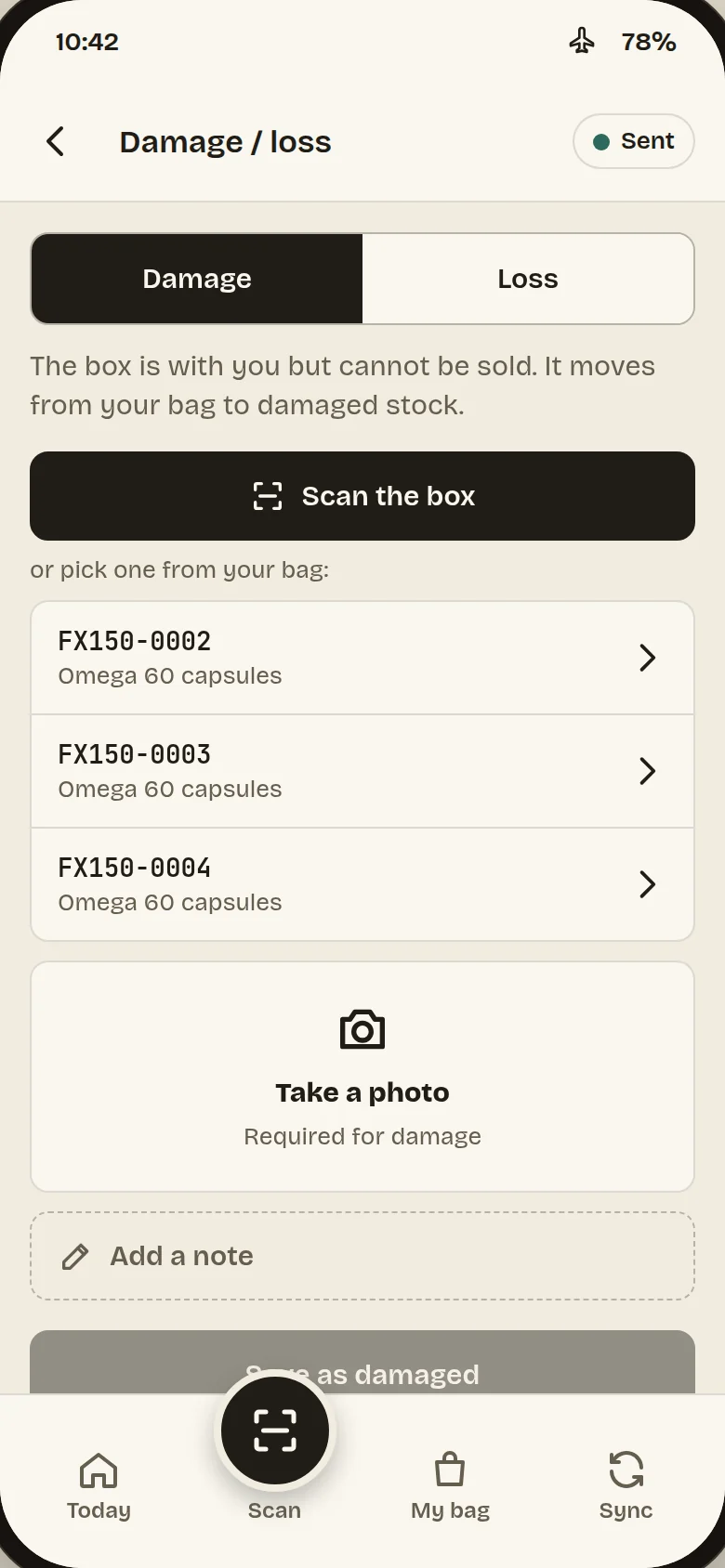 Damage or loss screen: scan or pick the box and take a photo