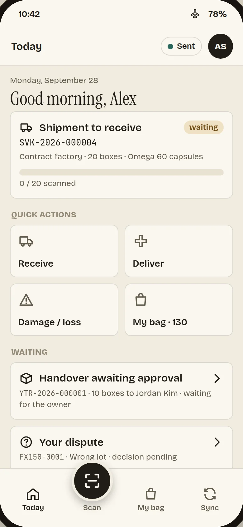 Today screen: the day's shipment to receive, quick actions and items waiting for the owner